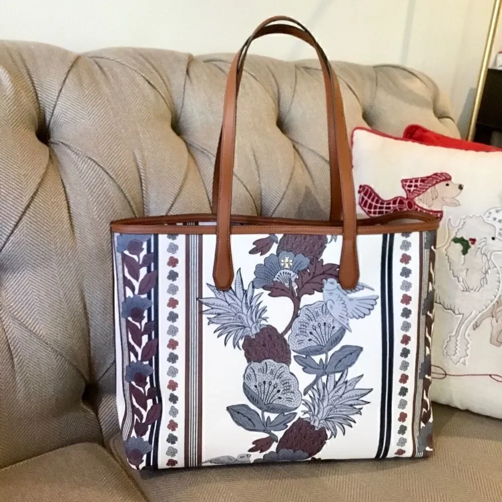 TORY BURCH FLORAL WINE PERRY LARGE TOTE LAPTOP TRAVEL HANDBAG WORK VACAT…